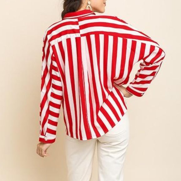 Striped Long Roll Up Dolman Sleeve button Up - Picture 3 of 8